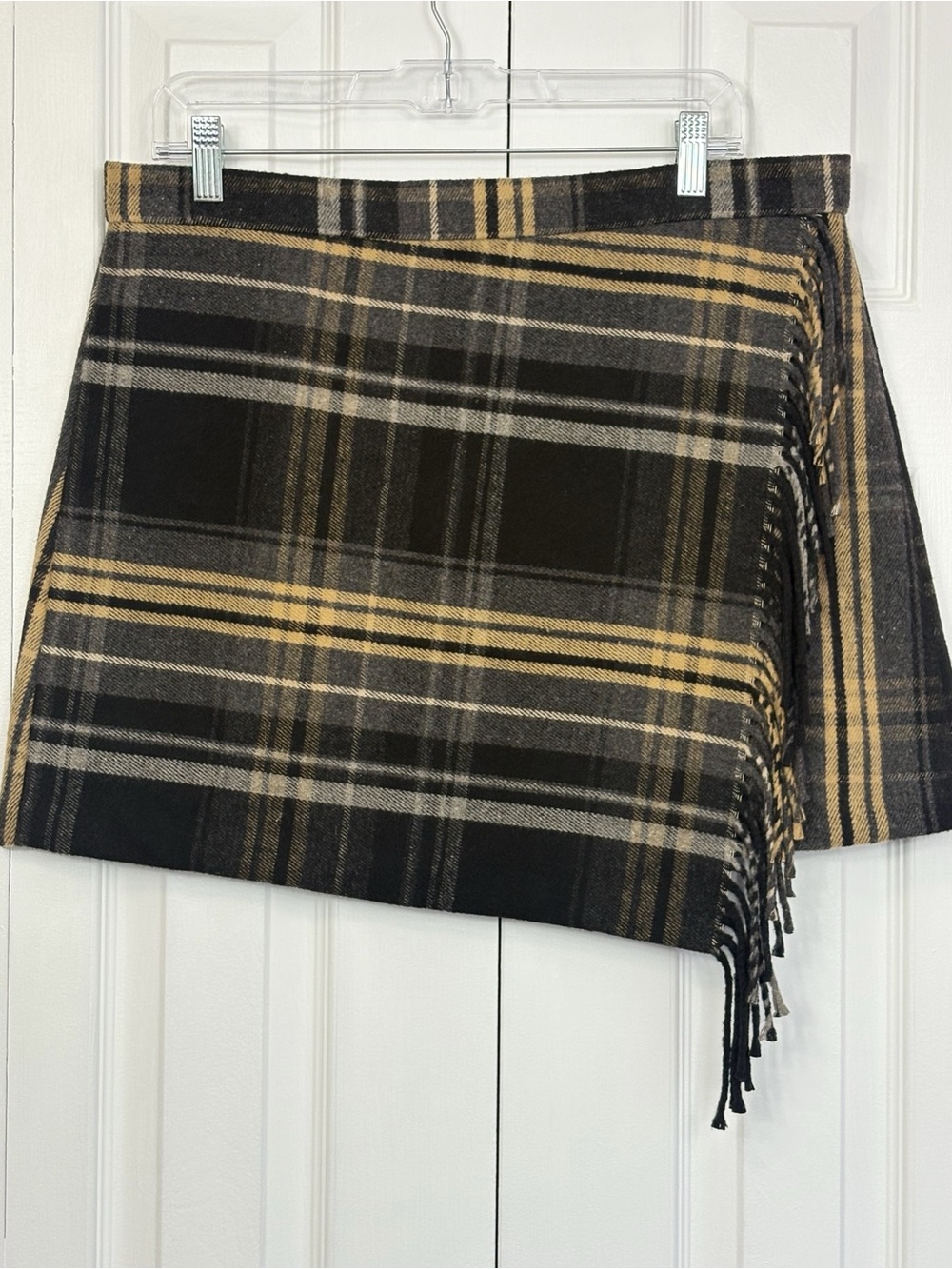 NWT Antonio Melani Black & Tan Georgie Mini Plaid A-Line Fringe Skirt 12